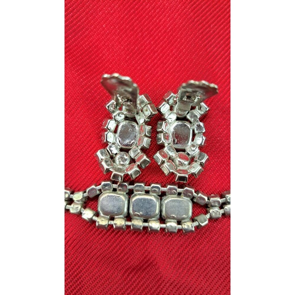 Vintage Clear Black Rhinestone Bracelet Clip-On Earrings Set Emerald Cut Costume - Picture 5 of 6